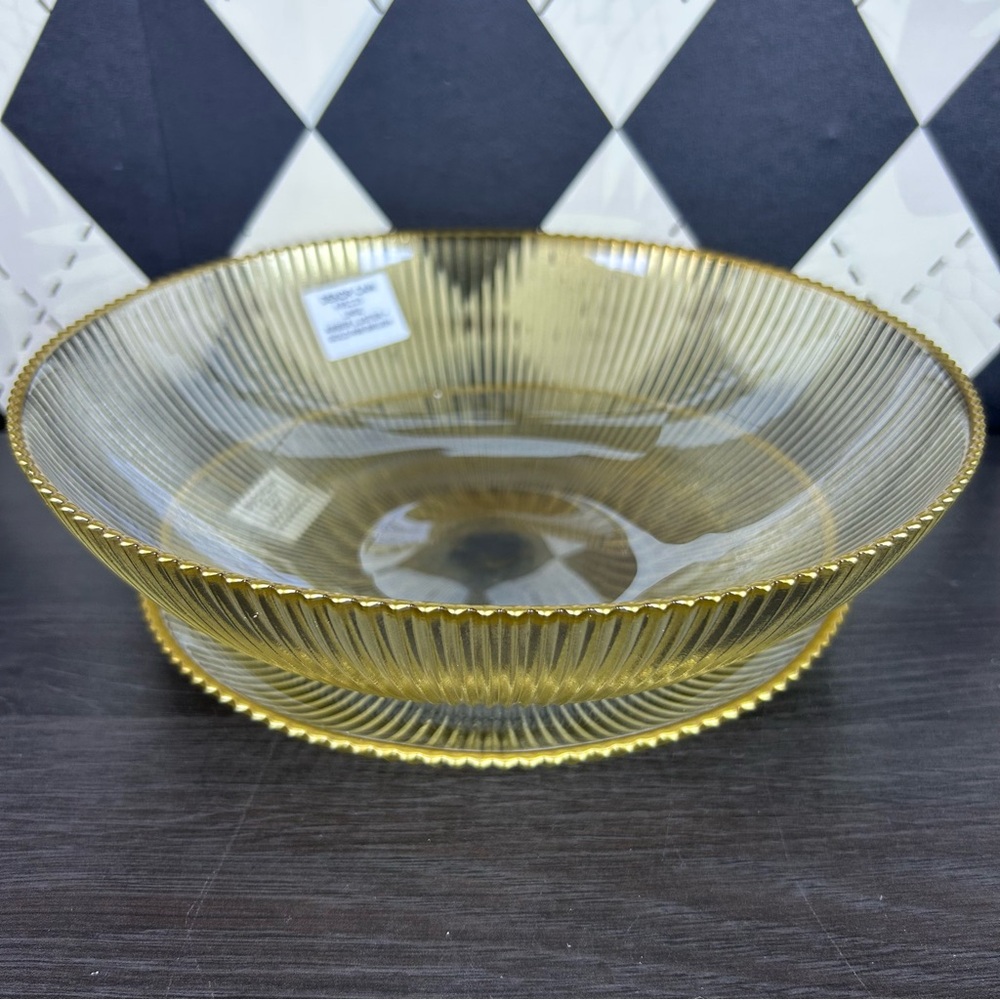 Amber Luster Ribbed Glass Bowl & Plate Set with Gold Rim Contemporary Tablescape - Picture 7 of 13